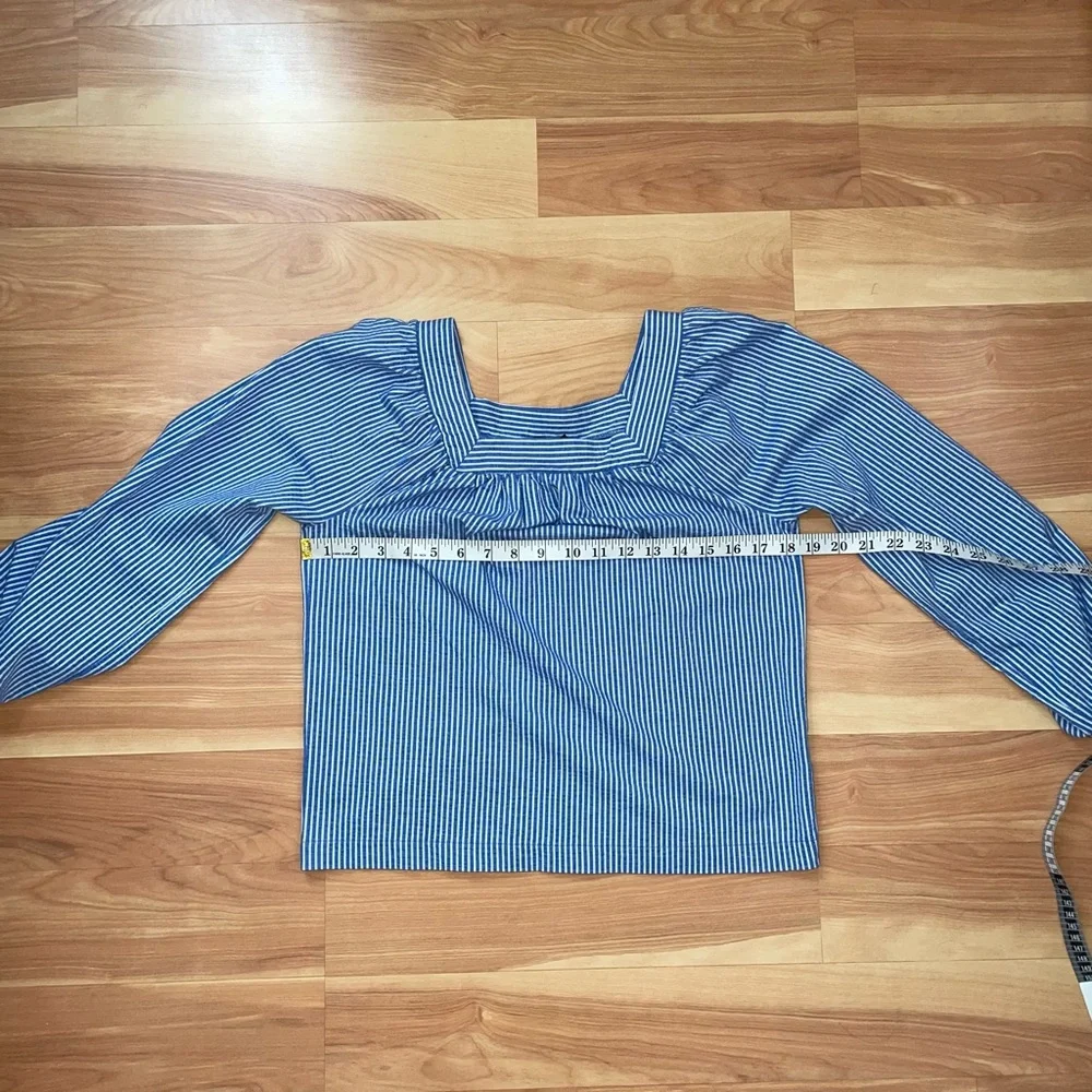 J. Crew Blue/White Striped Seersucker Square-Neck Top Size XS Coastal Beach Boho